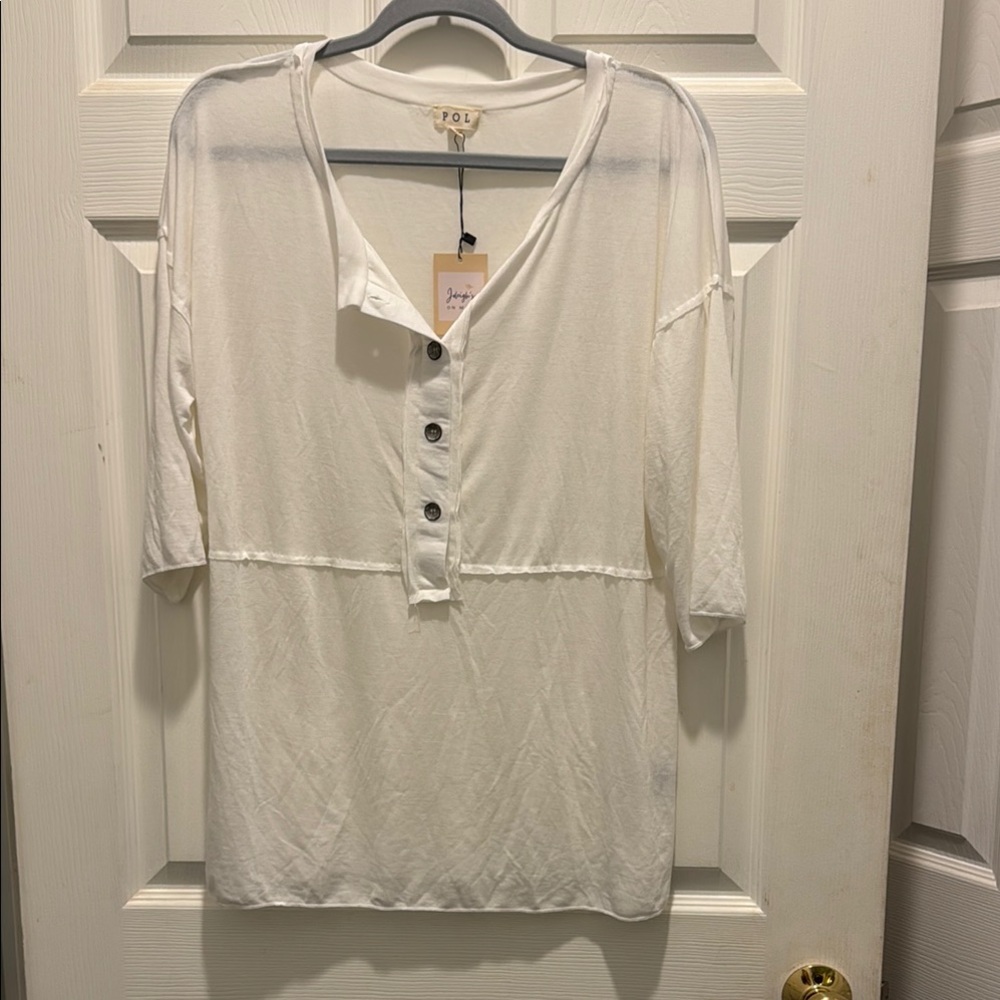 POL White Relaxed 3/4 Sleeve Polo Collar Shirt